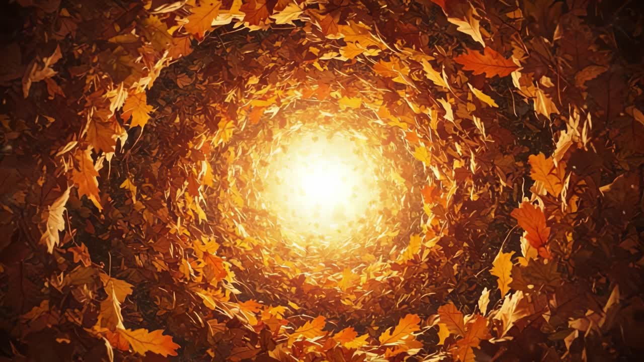 Una spirale incantevole di foglie autunnali illuminata da una luce radiosa, che crea un'atmosfera magica di bellezza della natura e transizione stagionale.