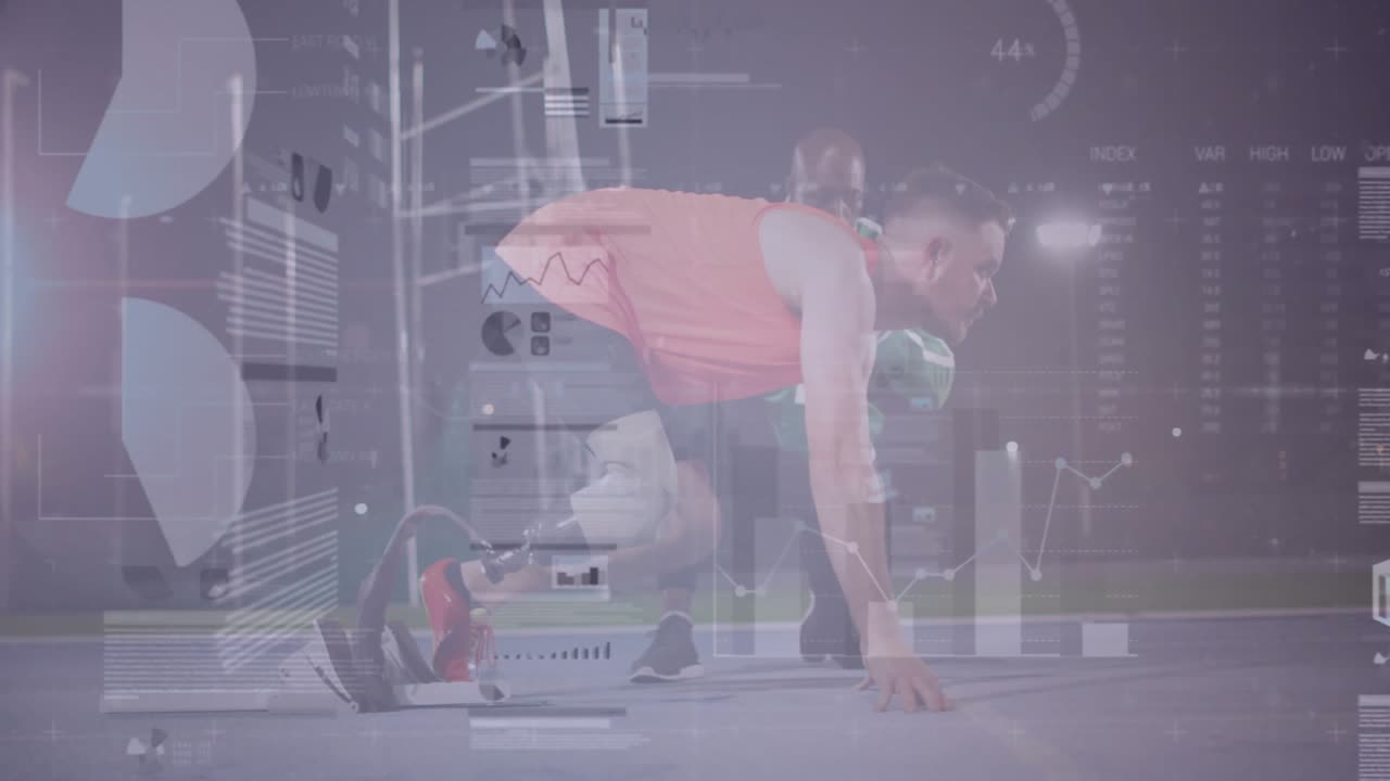 male athlete crouching on blocks at night track, coach observing with animated technology charts