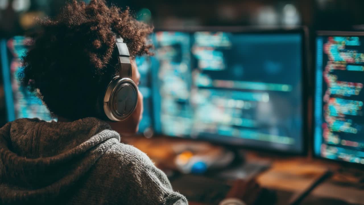 A focused individual engages in computer programming, immersed in multiple screens displaying colorful lines of code, showcasing the art of digital creation and technology at work
