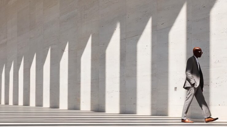 Una persona elegante caminando sola en un espacio arquitectónico moderno, mostrando sombras divertidas e impactantes patrones de luz sobre una pared minimalista