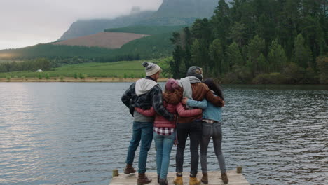 group of friends hugging on jetty by lake celebrating freindship reunion enjoying beautiful view wearing warm clothes on cloudy winter day 4k