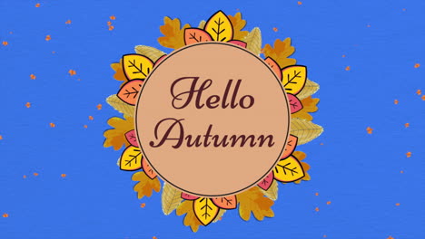Hallo-Herbst-Mit-Ahorn-Herbstblättern-Auf-Blauem-Papier