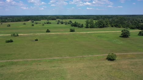 Vista-Aérea-De-Vastos-Pastizales-En-El-Campo-Con-Arbustos-Y-árboles