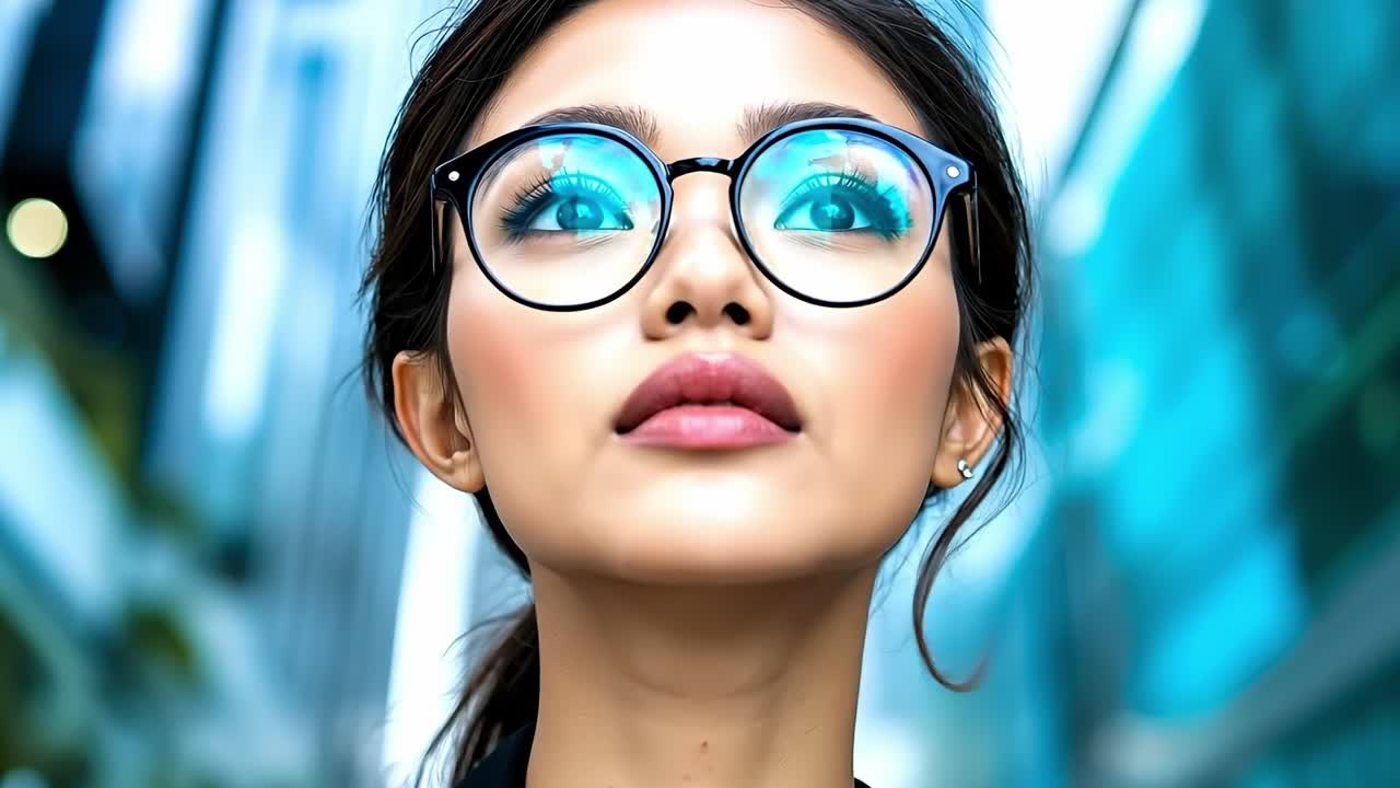 A woman wearing a black suit and blue glasses