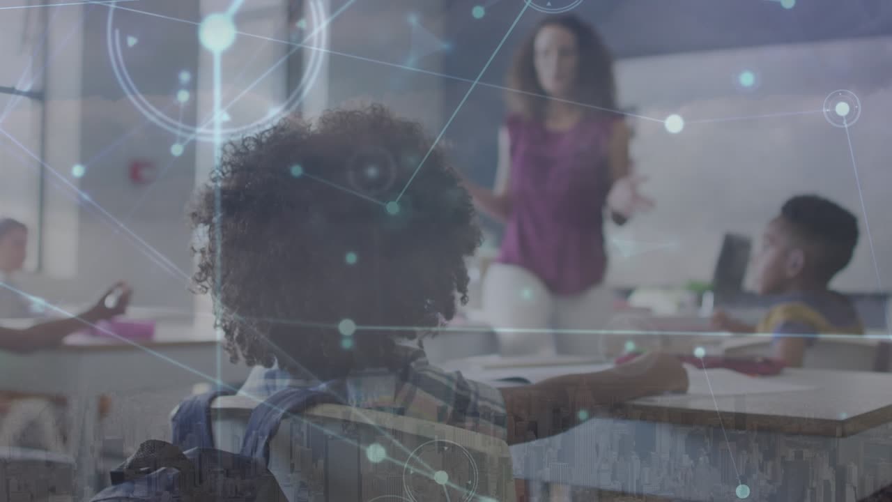 Animation of network of connections over female teacher and class of diverse pupils