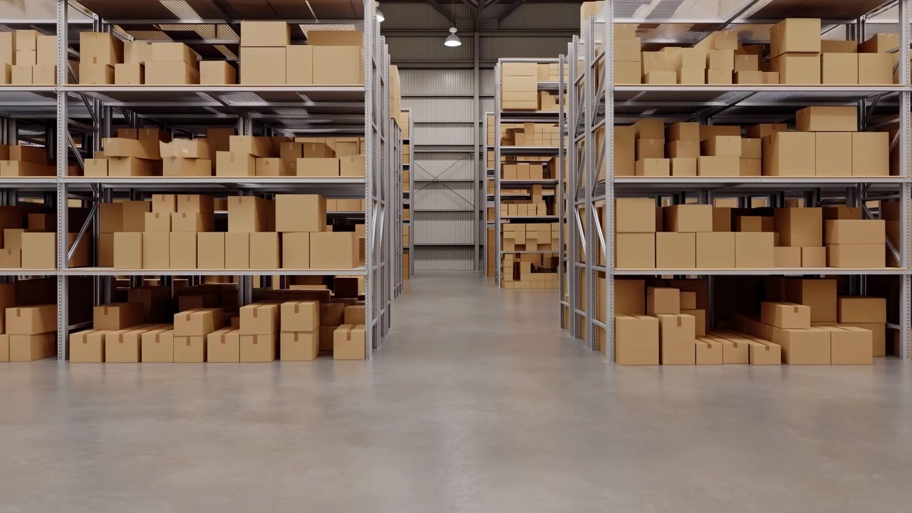 Interno di un ampio magazzino industriale con scaffalature piene, un corridoio centrale, toni neutri di marrone e grigio, pareti in lamiera ondulata, luce soffusa dall'alto e un ambiente di stoccaggio spazioso e ordinato.