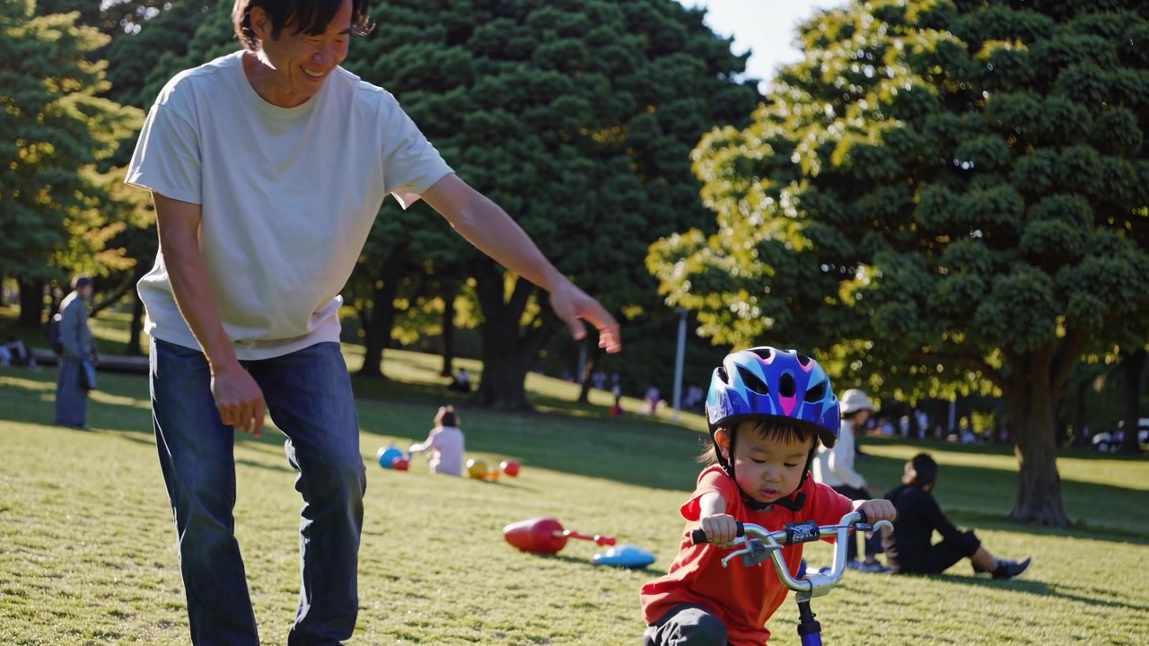 晴れた公園で子供にバランスバイクの乗り方を教える父親