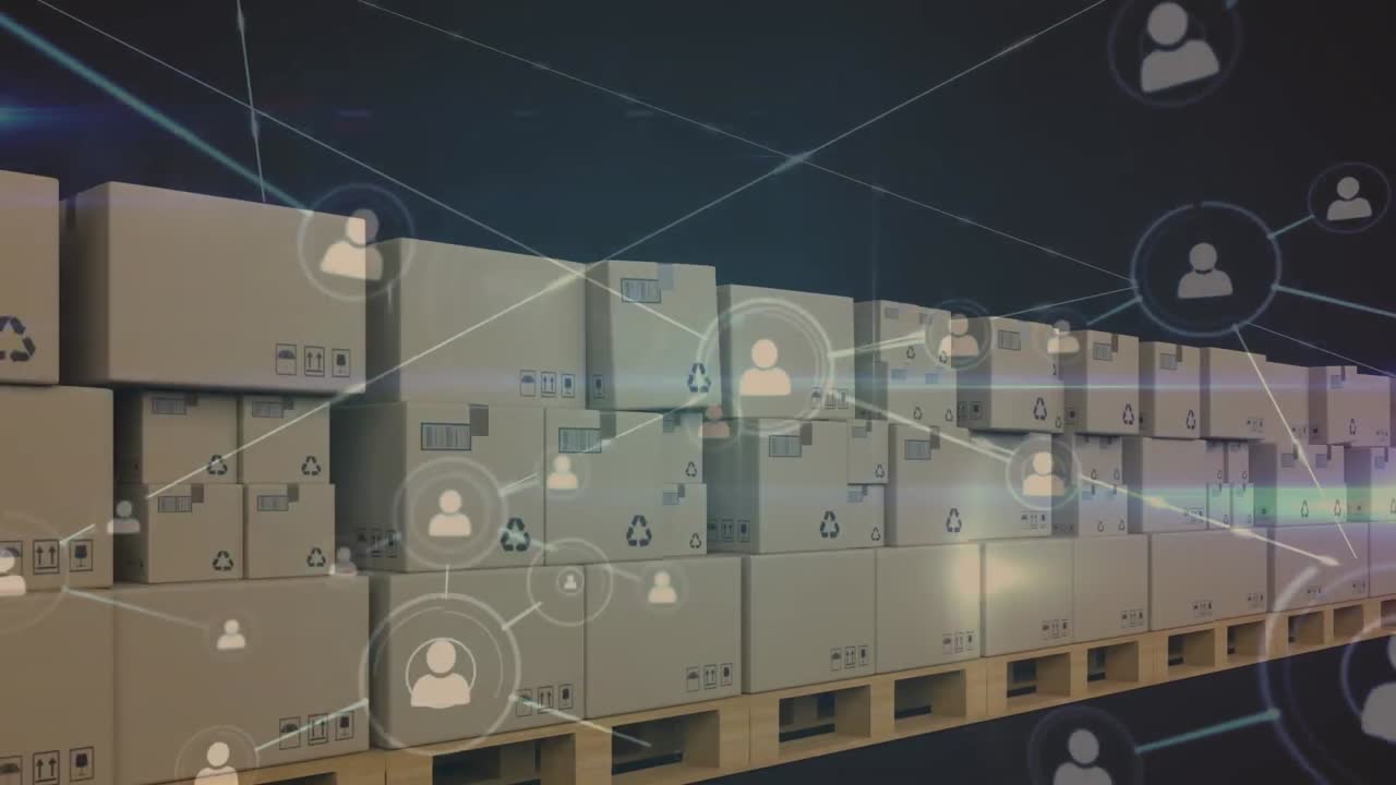 창고의 컨베이어 벨트에 있는 상자 위의 연결 네트워크의 애니메이션