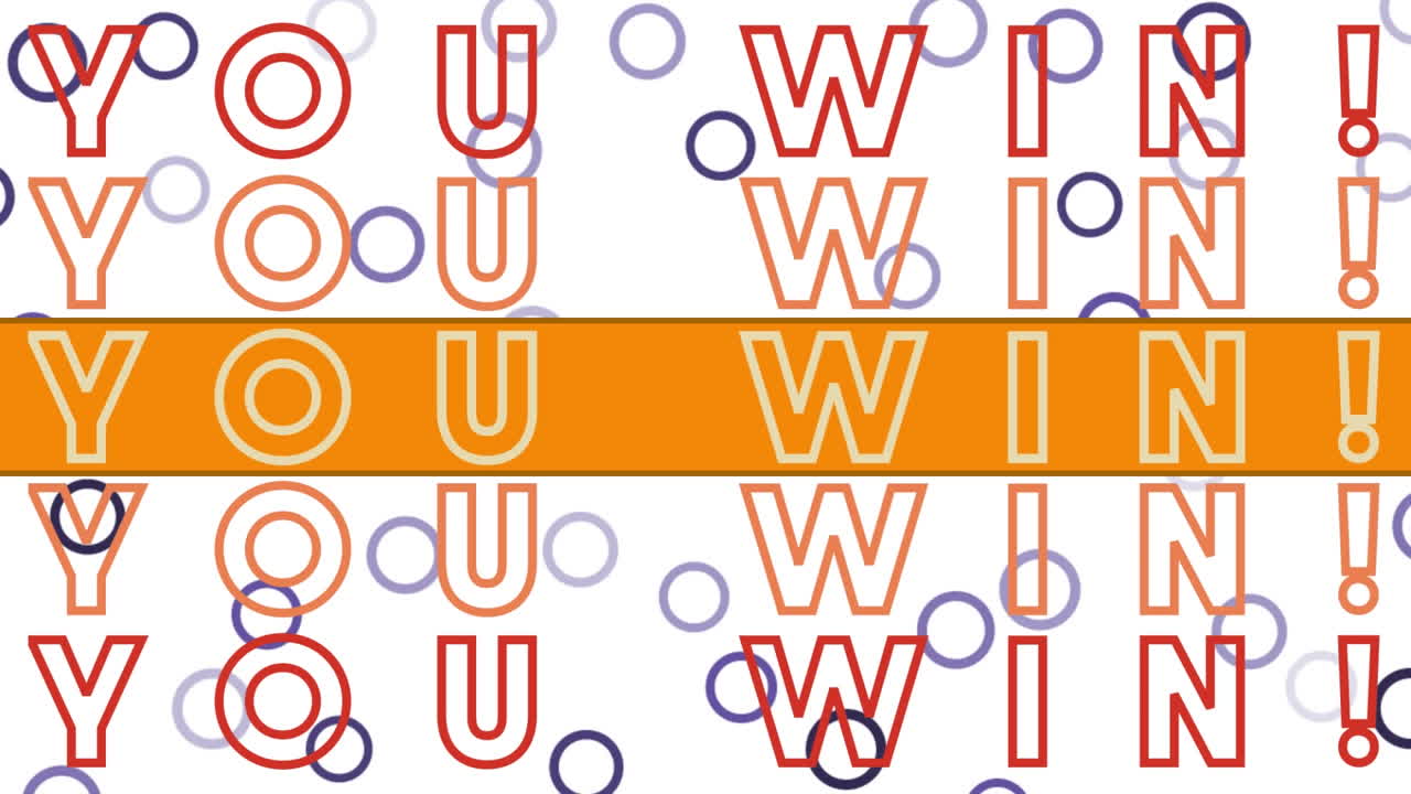 Animazione del testo 'you win' su grafiche e forme colorate.