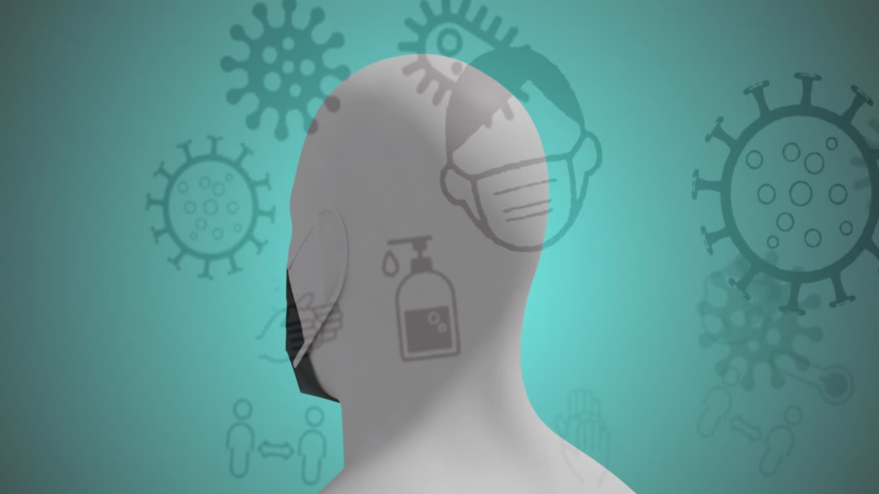 iconos del concepto de coronavirus contra el modelo de cabeza humana con máscara facial girando