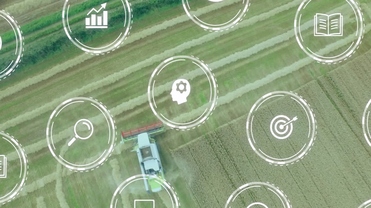 Combine harvester cutting golden field, overlaying bar chart, magnifier, target and gear icons