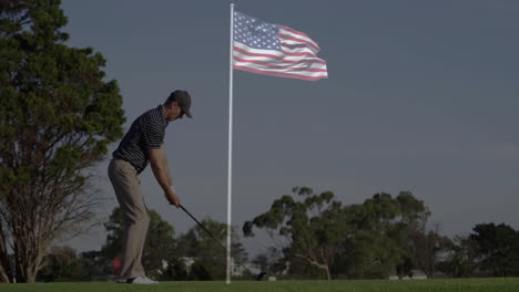golfer executing swing on sunny course, displaying animated swing path and health data