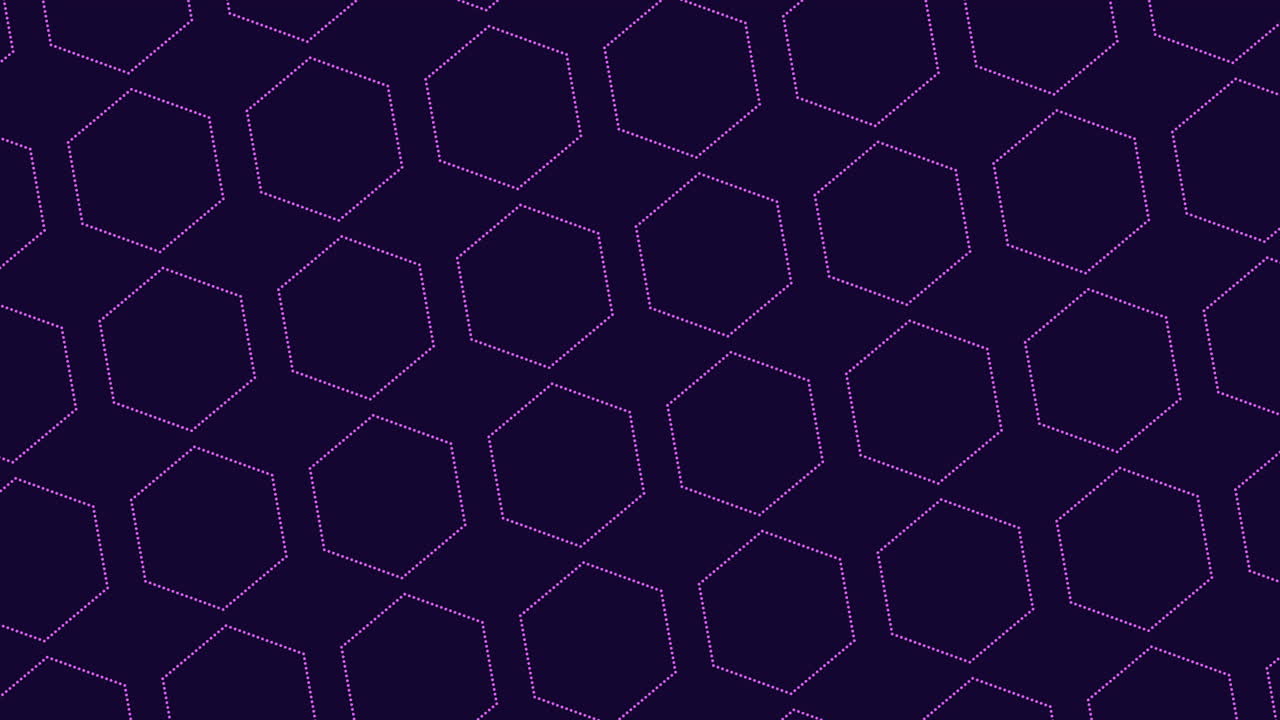 Abstract futuristic hexagon grid animation with glowing purple dotted outlines on a dark background. Seamless geometric pattern ideal for technology themes, motion graphics overlays