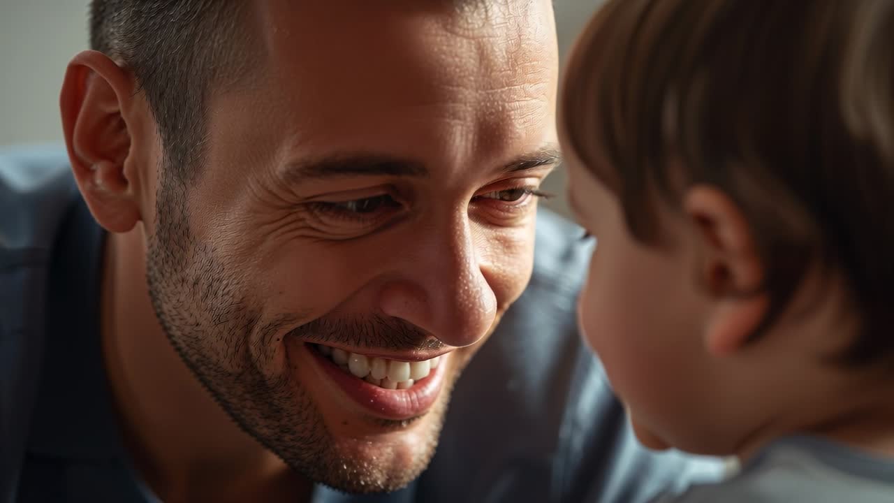Smiling adult male in blue shirt responding to toddler's gaze, leaning closer and speaking at home