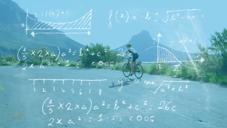 mathematical equations and diagrams against woman cycling on the road