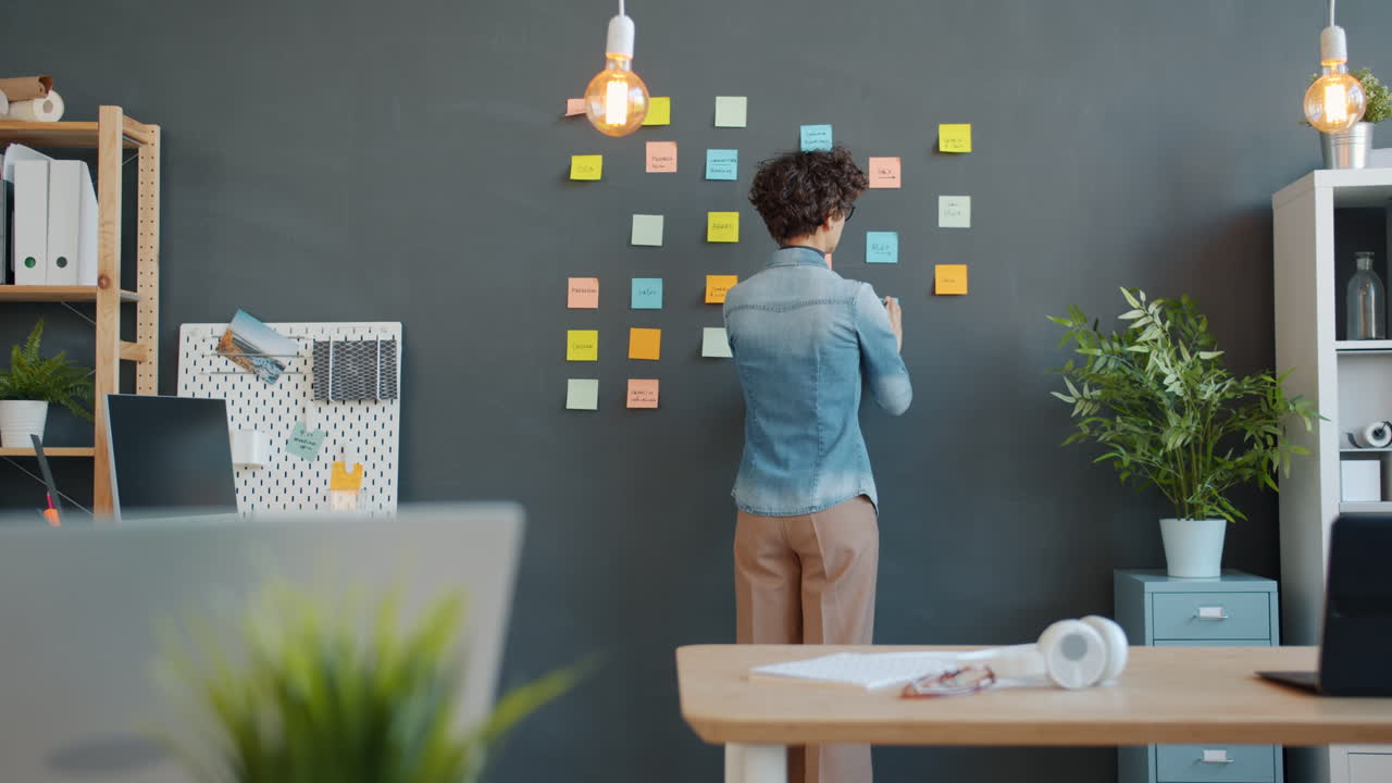Woman Planning Project on Wall with Sticky Notes