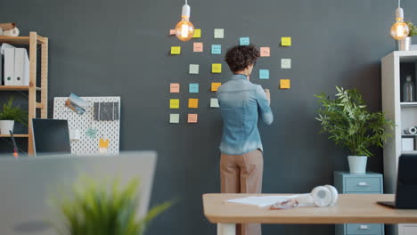 woman planning project on wall with sticky notes