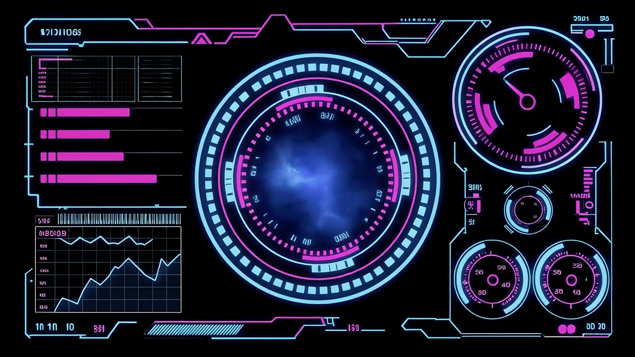 Futuristic HUD Interface with Animated Data Display and Graphs