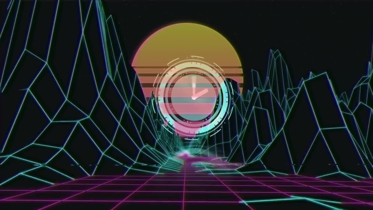 파란색 풍경 그리드 위의 데이터 로딩 시계와 검은색 배경에 떠오르는 태양의 애니메이션