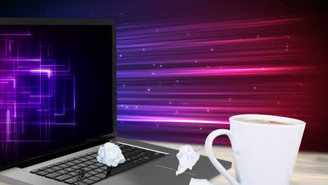 laptop with digital grid, crumpled papers, and coffee cup over colorful streaks animation