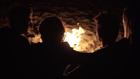 back view of diverse group of people sitting together by the fire late at night and embracing each other. cheerful friends