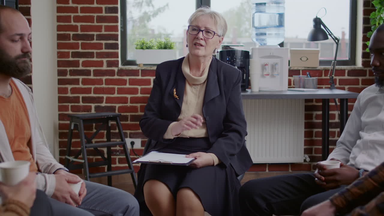 Woman psychiatrist giving advice to multi ethnic people with addiction at aa therapy session