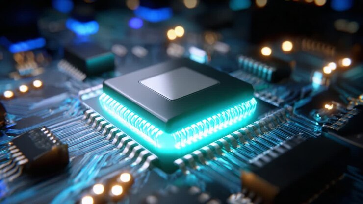 Højopløsnings nærbillede af en moderne mikroprocessor omgivet af indviklet printkortarkitektur, der viser elektroniske komponenter med glødende lys og illustrerer fremskridt inden for teknologi og mikroelektronik