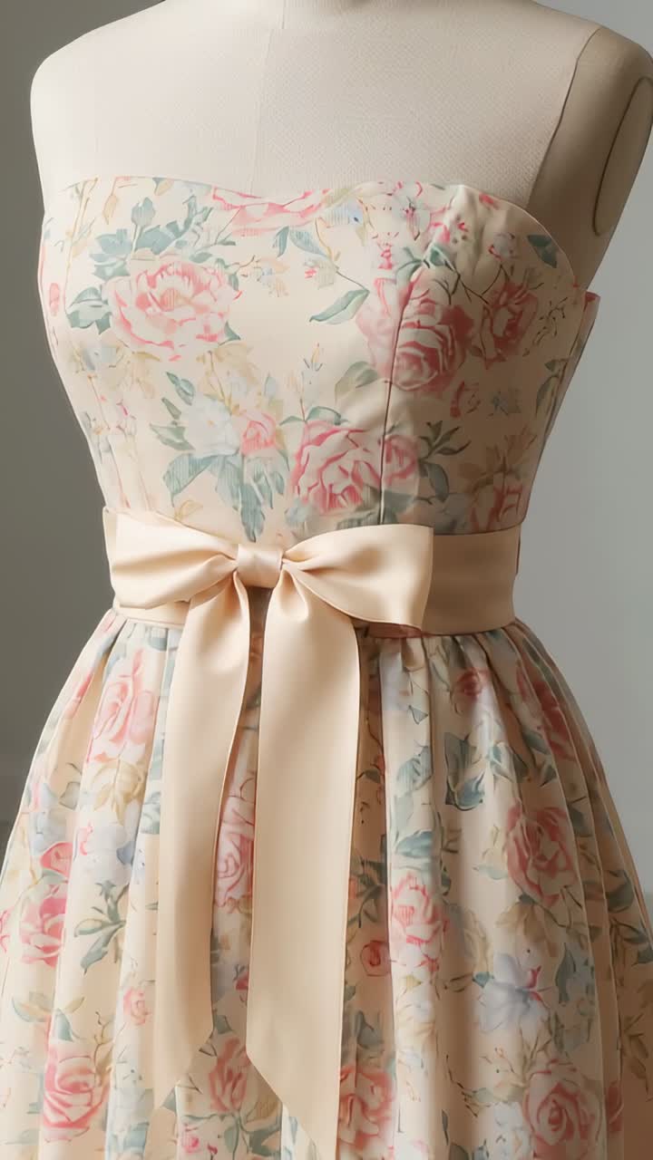 Vertical video: Camera opening on dress form in studio shifting view showing floral dress and sash
