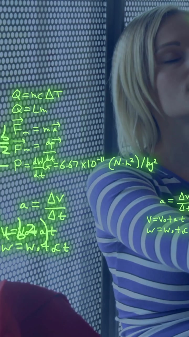 Animation of equations over worried caucasian female student sitting in school corridor