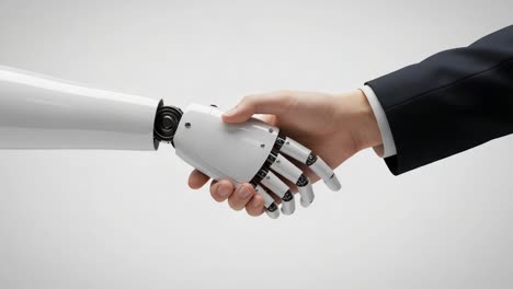 a symbolic connection between human and machine: the moment where a human hand meets a robotic hand in a gesture of cooperation and understanding