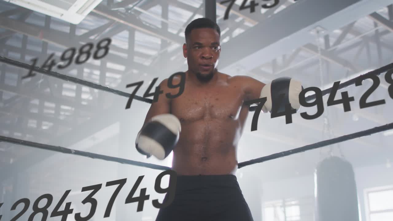 Male boxer leaning on ropes numbers overlay sweeping frame driving glove tensing and taking guard
