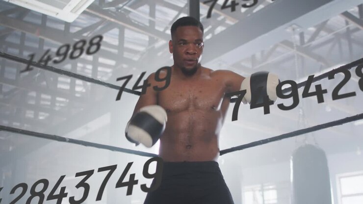 Male boxer leaning on ropes numbers overlay sweeping frame driving glove tensing and taking guard