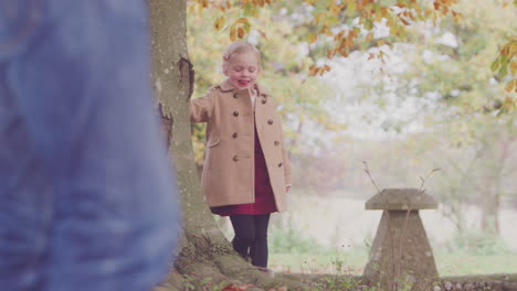 young girl looking around trunk of autumn tree playing hide and seek with father  in garden