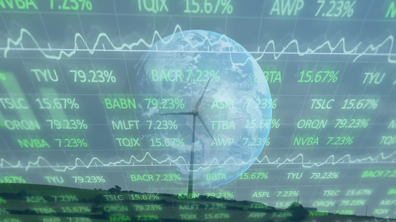 Wind turbine silhouette floating over hill, showing globe overlay with stock tickers in flat design