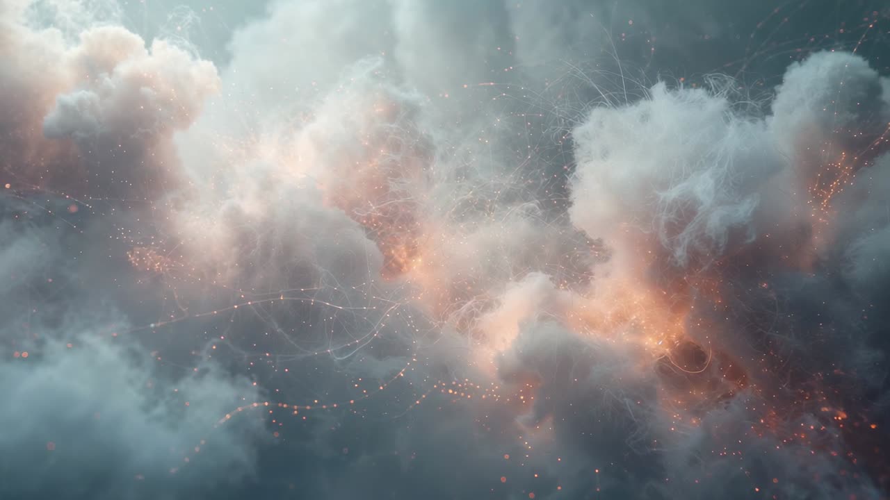 Lysende cloud computing-masse med intern glød, der stiger, udsender gløder og væver tråde tæt på.