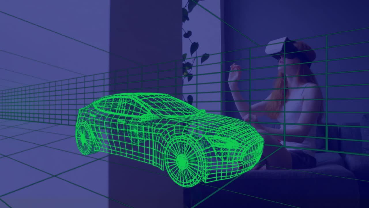 animación de dibujo técnico 3d de un coche, sobre una mujer en casa con auriculares vr