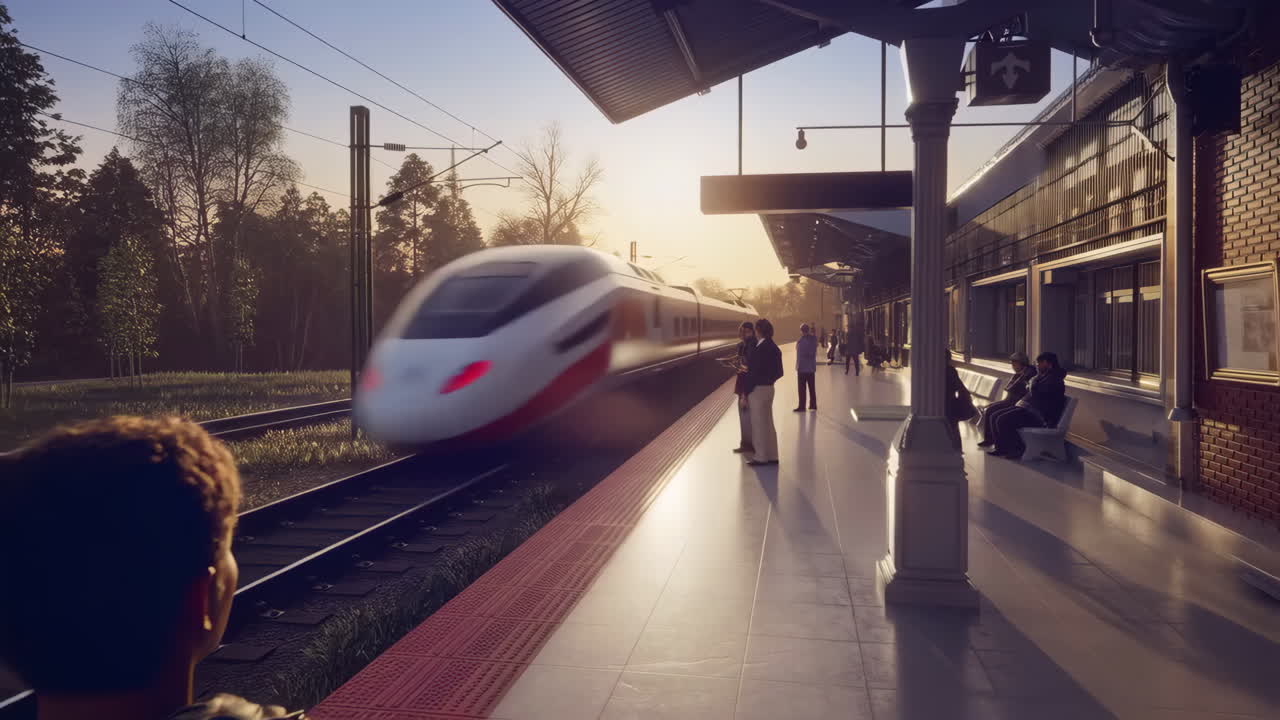 People waiting at a train station platform as a high-speed train passes by at sunset