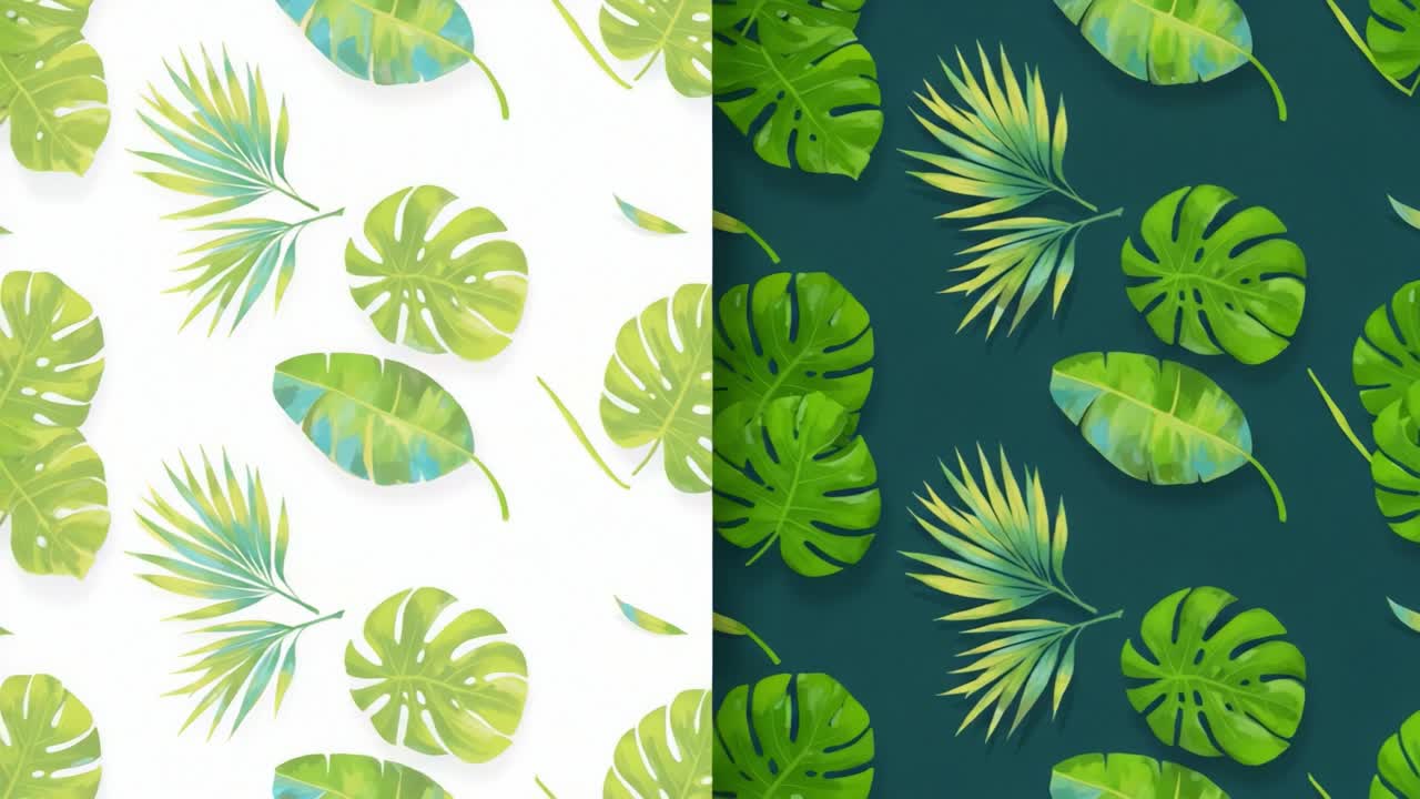 Contrast in Greenery: A Captivating Display of Tropical Leaves on Light and Dark Backgrounds, Showcasing Different Textures and Patterns of Nature's Foliage