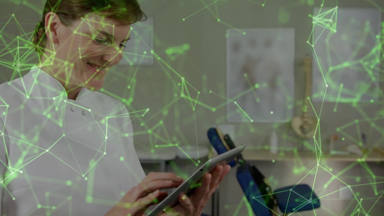 Female clinician tapping tablet to review patient chart, green circuit-tree overlaying clinic scene