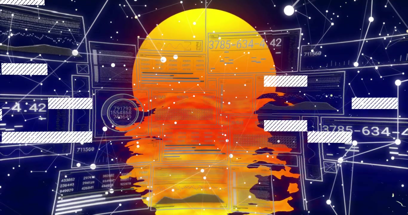 Glowing orange orb floating center, translucent panels showing data, white lines linking nodes