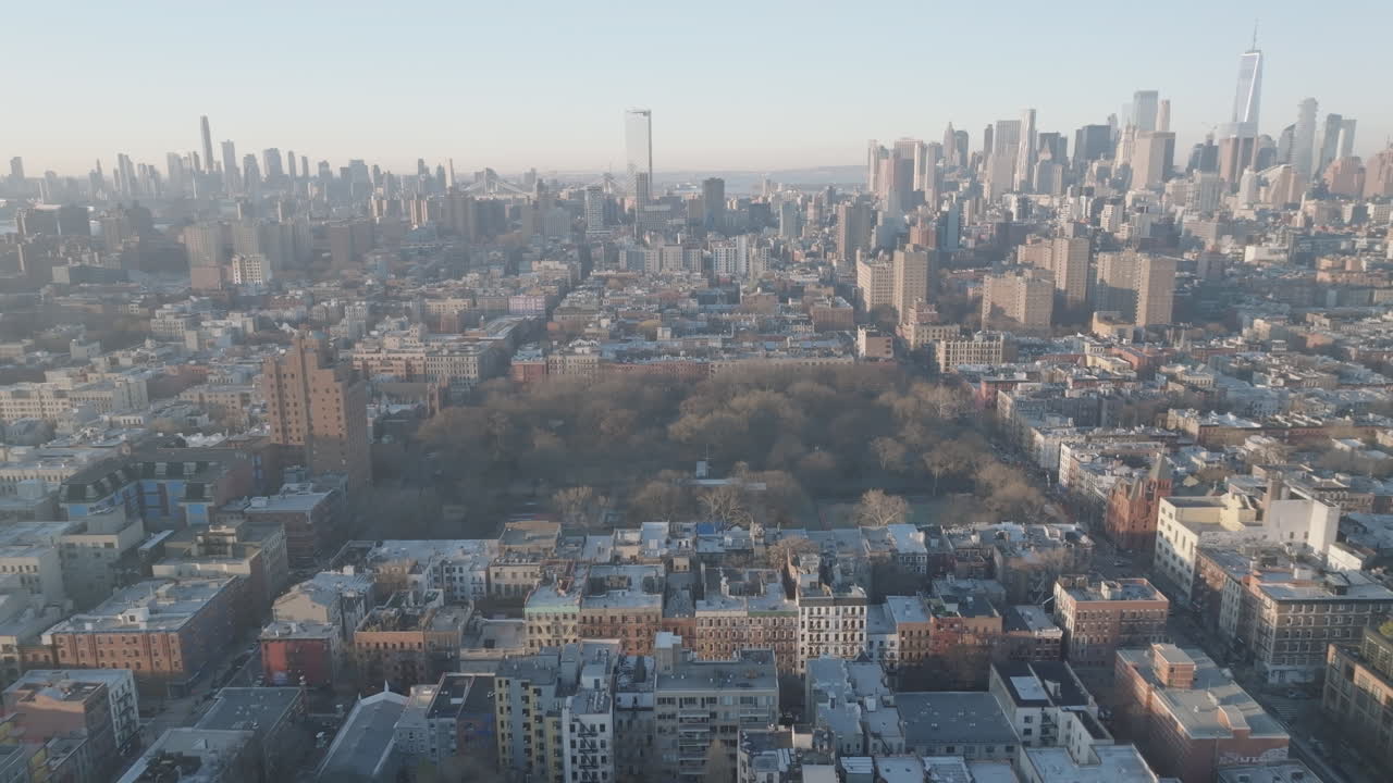 Aerial view of Tompkins Square Park at sunrise. Shot in New York City.