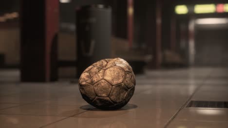 vieja pelota de fútbol en el metro vacío