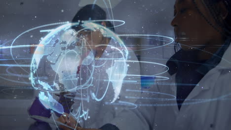 animation of network of connections and data processing over laboratory workers