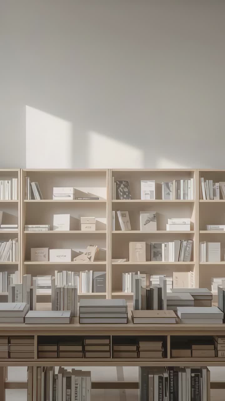 Video verticale: La telecamera inizia a muoversi, rivelando una libreria con libri in una piccola libreria, con una macchia di sole.