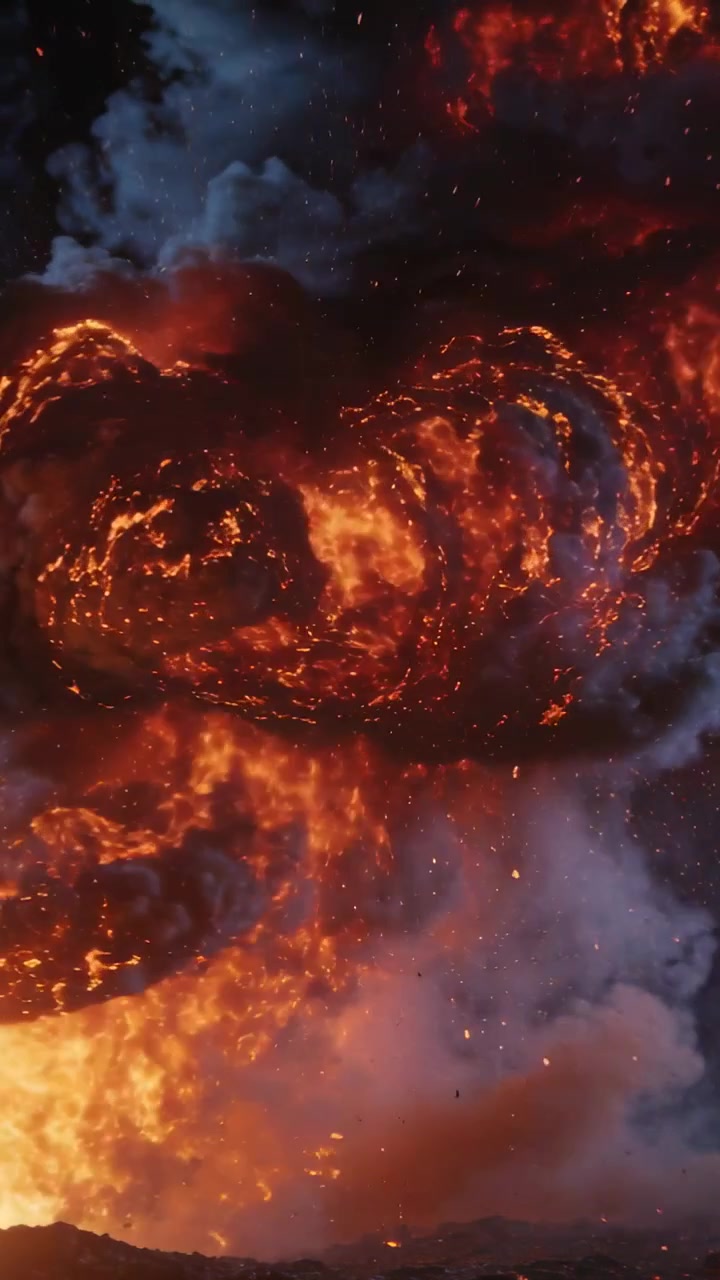 Vertical video: Igniting molten core, fiery cloud growing in dark sky, with smoke plumes and embers