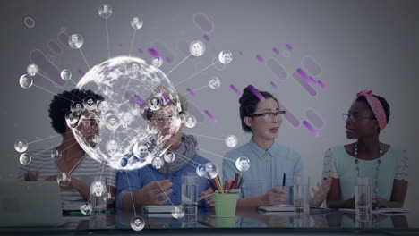 animation of global network and purple streaks processing data over diverse colleagues at work