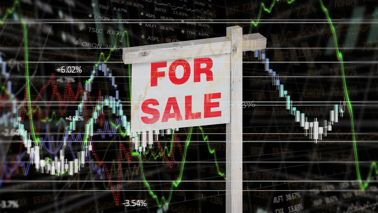 Animation af 'til salg'-skilt over grafer og finansiel databehandling på sort baggrund