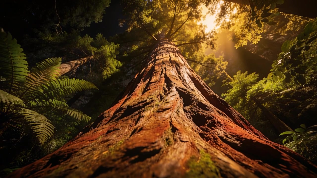 Telecamera che sale seguendo un grande tronco d'albero mostrando la chioma illuminata dal sole in una foresta di sequoie con muschio e felci