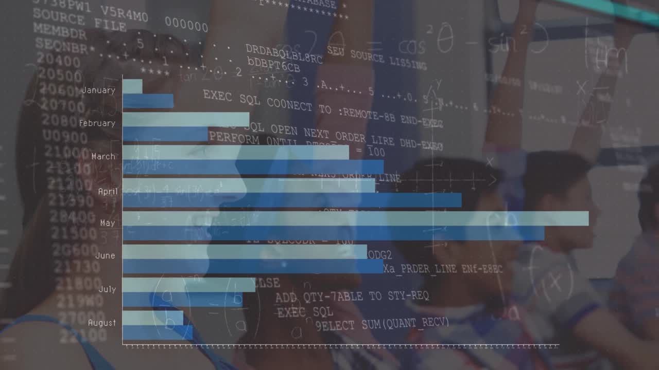 animación del procesamiento de datos sobre diversos escolares que aprenden en el aula