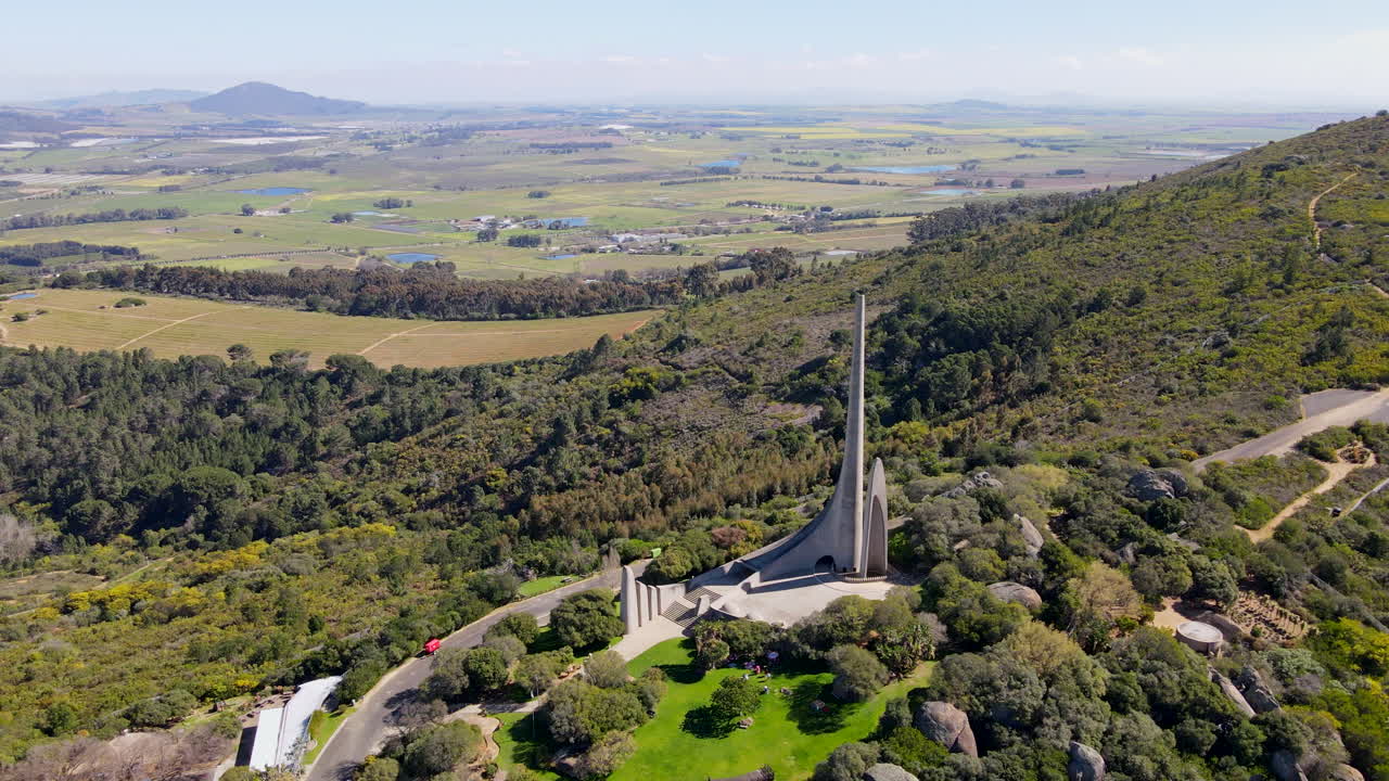 Symbolic pillars of famous Afrikaans Language monument on Paarl Mountain, aerial